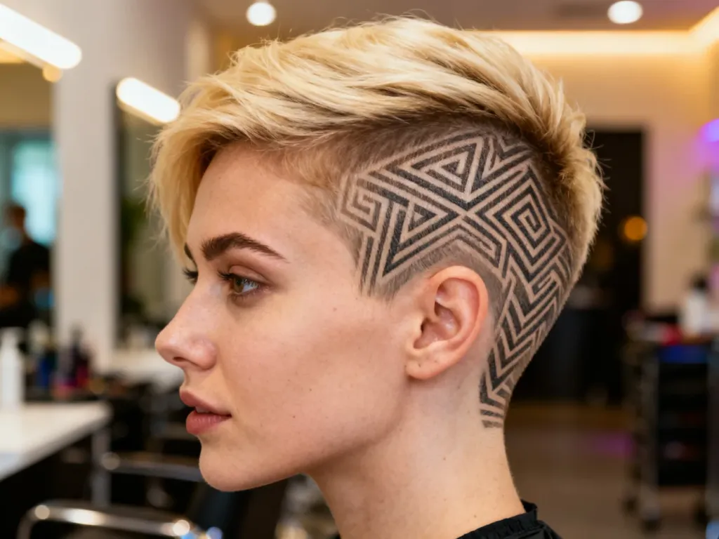 Blond włosy z precyzyjnie wygolonymi geometrycznymi wzorami na boku głowy w nowoczesnym salonie fryzjerskim.