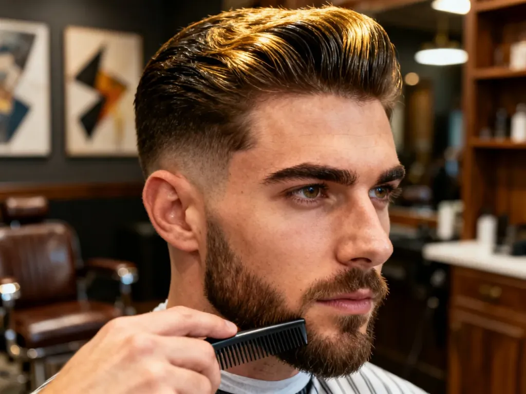 Mężczyzna z nowoczesną fryzurą typu low fade, której stylizację wykańcza fryzjer w profesjonalnym salonie.